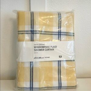 VTG Eddie Bauer Yellow Blue Plaid Shower Curtain 72x72 100% Cotton Windowpane